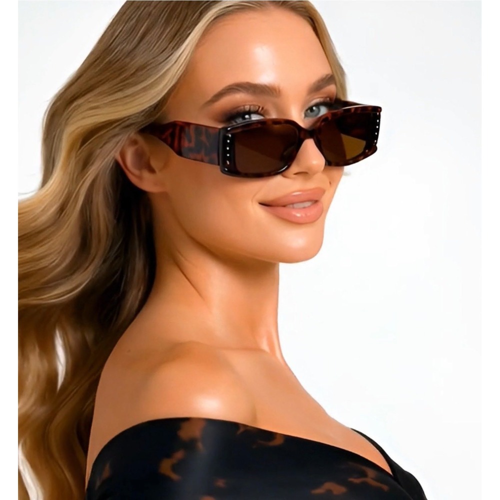 Womens Brown Tortoise Shell Rectangular Rhinestone Sunglasses TRENDY Retro Style